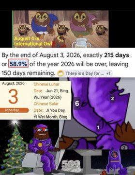The image is a meme celebrating International Owl Day on August 4, noting that 58.9% of 2026 has passed with 150 days remaining, and shows a calendar entry for "Chinese Lunar Date: Jun 21, Bing Wu Year" alongside cartoon owls. The accompanying post connects "International Owl Day" to a play on words with "International Beer Day," using it as a whimsical omen to suggest the CLARITY Act will pass this weekend for XRP.