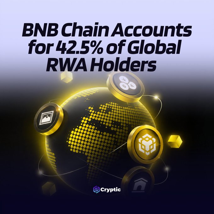The image features a stylized golden globe surrounded by cryptocurrency tokens and blockchain icons, with the headline "BNB Chain Accounts for 42.5% of Global RWA Holders." The graphic visually reinforces the post's claim about BNB Chain's dominance in real-world asset (RWA) adoption, highlighting that 1.24M+ of the 2.93M global RWA holders are on the network.