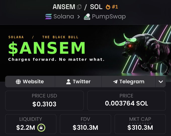 A screenshot of a cryptocurrency page for the $ANSEM token on Solana via PumpSwap, showing a 'Black Bull' graphic, a price of $0.3103, and a market cap of $310.3M.