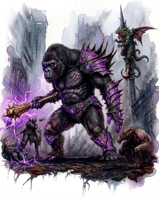 A detailed fantasy illustration of a giant armored gorilla wielding a spiked weapon surrounded by purple energy, set in a ruined cityscape with a small warrior figure below and a gargoyle on a spire to the right.