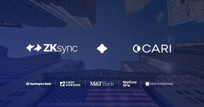 The image features a large blue sky with buildings, including an American flag, which are part of a promotional poster for a company named "zksync". The logo of this company is displayed prominently at the top left corner of the image. Below the flag, there's a list of other companies' logos and names, such as "@omari", "@ocari", and "@firstbank". These logos are positioned below the American flag to create a sense of hierarchy in the design. The overall layout is visually appealing with the use of color contrast and clear organization.