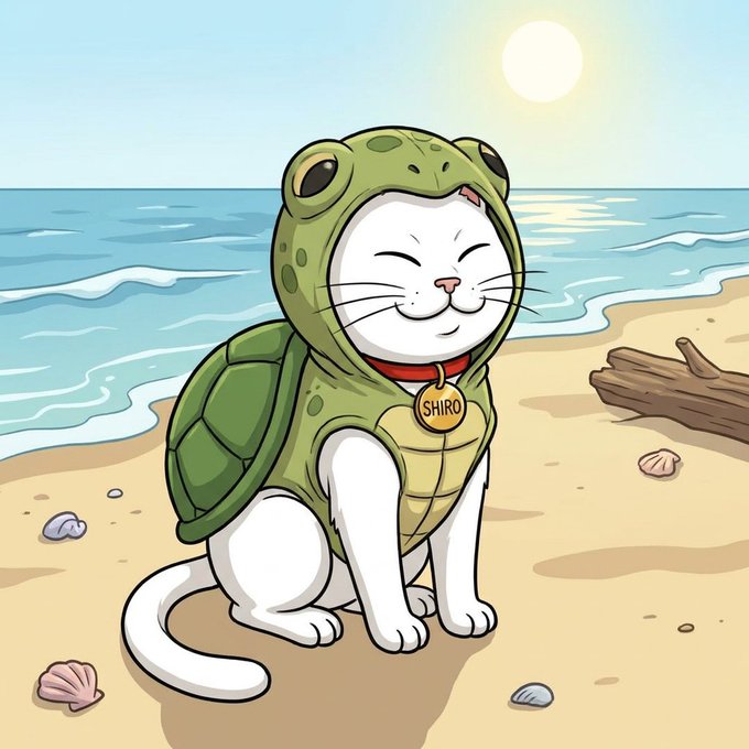 A cheerful white cat wearing a green turtle costume with a hood sits on a sunny beach, wearing a collar tag labeled "SHIRO." The image playfully illustrates the post's pun "not Turtly enough for the turtle club" by featuring a cat (not a turtle) dressed as one, promoting the $SHIRO token.