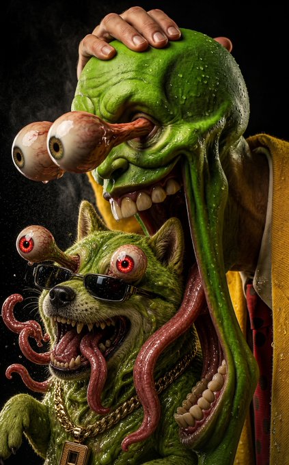 A grotesque 3D render showing a green alien-like creature with bulging eyes having its head grabbed by a hand, alongside a green zombie dog with sunglasses and tentacle-like tongues.