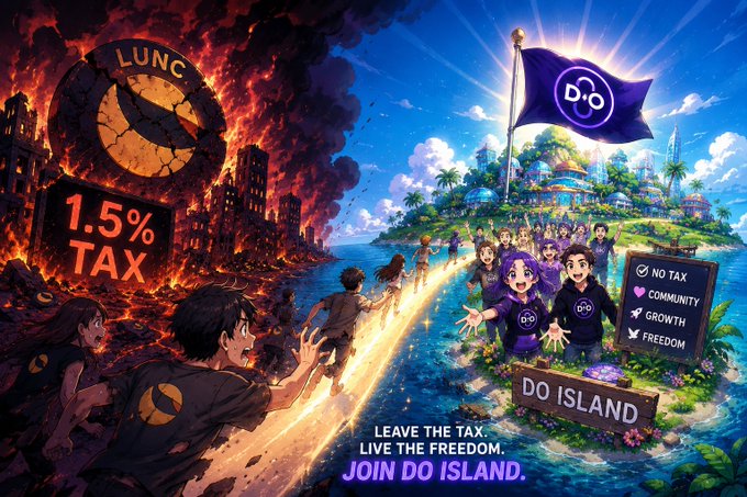 Anime-style promotional artwork contrasts a fiery 'LUNC' burning landscape with 1.5% TAX against a bright 'DO ISLAND' paradise advertising 'NO TAX, COMMUNITY, GROWTH, FREEDOM'.