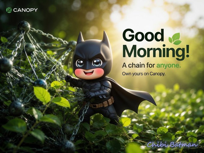 A 'Good Morning!' promotional graphic from Canopy featuring a cute chibi-style Batman character standing in green foliage next to a chain structure, with the tagline 'A chain for anyone. Own yours on Canopy.'