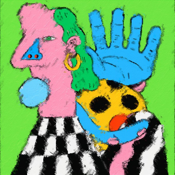 A vibrant, abstract painting featuring distorted pink and green faces alongside a large blue hand and yellow skull-like figure set against a bright green background.