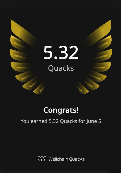 The image shows an award for 5.32 Quacks, which means that someone has earned 5.32 Quacks from Wallchain Quacks leaderboard. The award is displayed with a gold wing design at the top of the poster.
