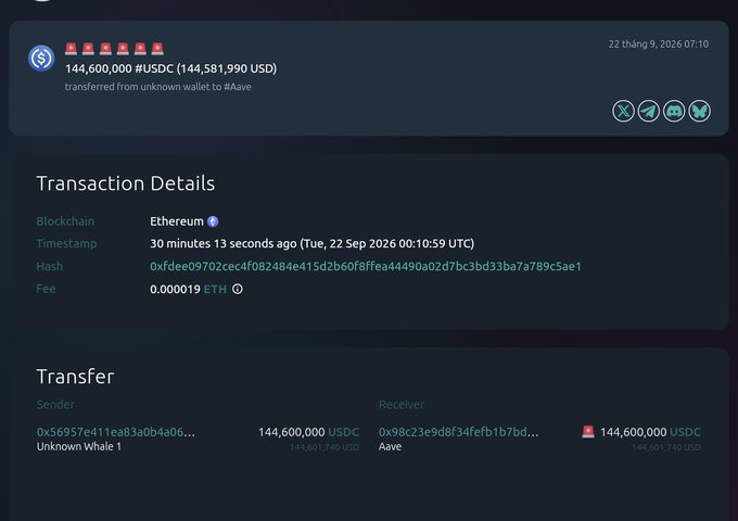 A blockchain transaction record on Etherscan showing a transfer of 144,600,000 #USDC (approximately $144,581,990 USD) from 'Unknown Whale 1' to 'Aave' on the Ethereum network.