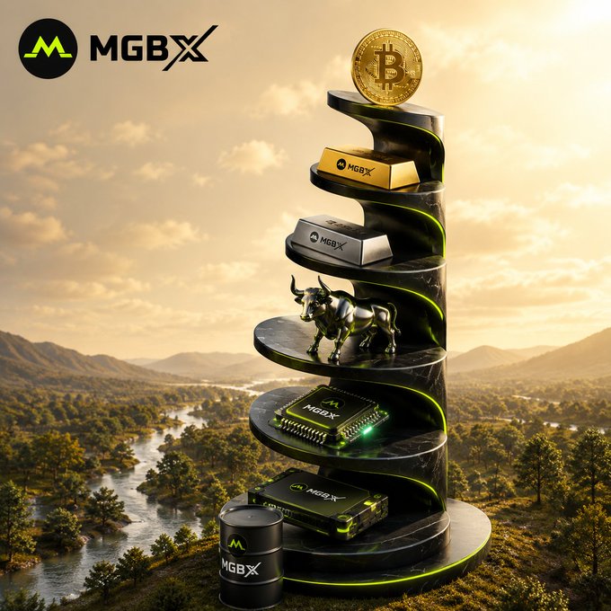 The image features a tiered black display tower branded with "MGBX" against a scenic landscape, showcasing a Bitcoin coin, MGBX-branded gold and silver bars, a bull figurine symbolizing the market, an MGBX chip, and a barrel, with the MGBX logo visible in the corner. The visual elements directly echo the post's message, with the bull representing the upcoming market surge and the tiered display symbolizing the relentless preparation needed to capitalize on the next wave of wealth opportunities.