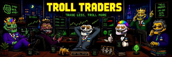 A pixel-art promotional banner titled "TROLL TRADERS" with the tagline "TRADE LESS, TROLL MORE" depicts a group of troll characters wearing crowns, suits, and jester hats in a trading office filled with monitors showing green candlestick charts and "TROLL COIN" text. The image relates to the post as a community-made NFT art piece created for $TROLL token holders, with visible labels like "CHIEF TROLL OFFICER," "TROLL PRICE +150%," and "TROLL GRUFENS IPO OIP IRL TROLL" reinforcing the meme/trading parody theme, while the bottom-right notes it's "100% RUG PULL PROOF" for the whitelist mint at 19:00 UTC.