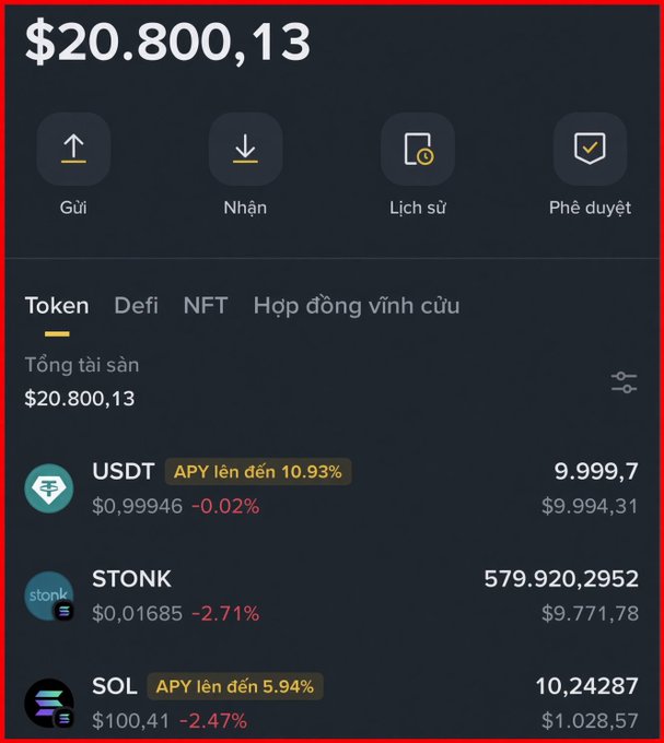 A cryptocurrency wallet interface in Vietnamese showing a total balance of $20,800.13 with tabs for Gửi, Nhận, Lịch sử, and Phê duyệt, displaying holdings in USDT, STONK, and SOL.