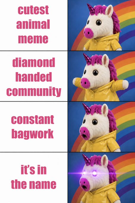 A four-panel meme features a unicorn puppet in a yellow jacket against a rainbow background, with progressively more intense reactions paired with text: "cutest animal meme," "diamond handed community," "constant bagwork," and finally "it's in the name," where the unicorn's eyes glow purple. The image ties into the bullish Solana post by playing on the "unicorn" reference—a rare, magical creature—suggesting that the SOL community's diamond hands and relentless accumulation will deliver the elusive "unicorn" rally to $800.