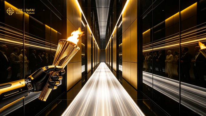 A robotic arm carries a lit golden torch forward through a sleek, illuminated corridor lined with onlookers, with the "ARK | DeFAI Coding Future" logo in the corner—visually echoing the message of progress and momentum carried by AI-powered execution.