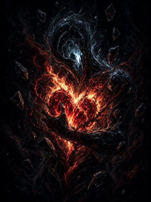 A dark digital illustration of a flaming red heart held by shadowy hands, with smoky and crystalline elements in the background.