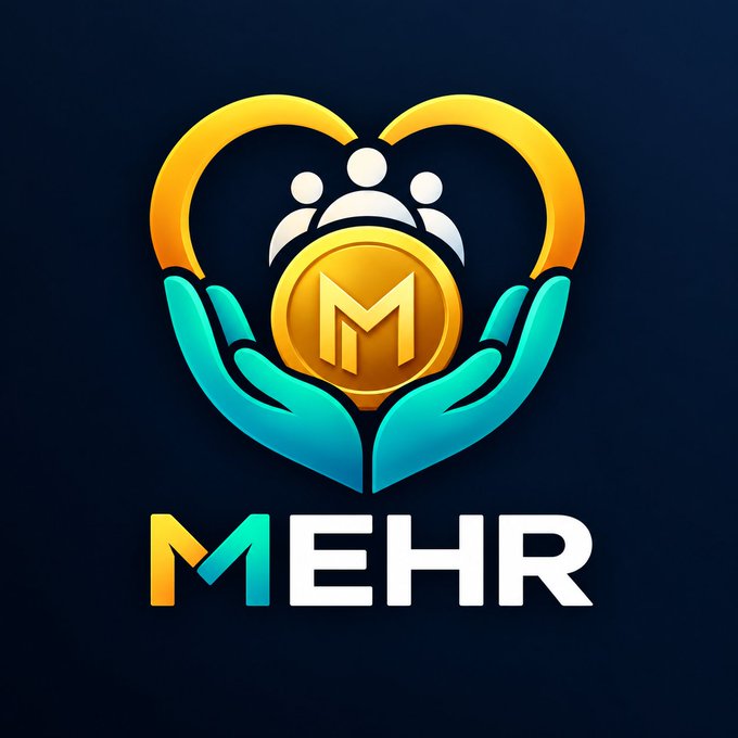 A logo featuring two hands (one yellow-orange, one teal) cradling a gold coin with an 'M' emblem and three figures above it, with the word 'MEHR' displayed below on a dark blue background.