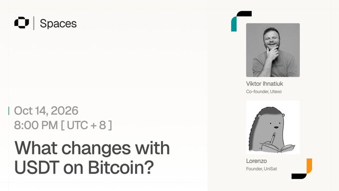 An X Spaces event flyer scheduled for Oct 14, 2026 at 8:00 PM [UTC+8] titled 'What changes with USDT on Bitcoin?', featuring speakers Viktor Ihnatiuk (Co-founder, Utexo) and Lorenzo (Founder, UniSat).