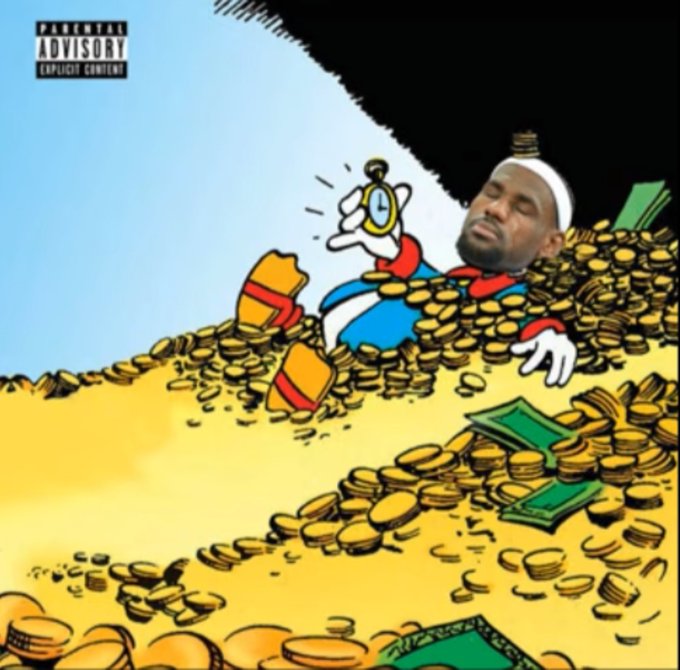 A parody of the Scrooge McDuck album cover, featuring a cartoonish figure with a real human face lying in a massive pile of gold coins and cash, with a "Parental Advisory Explicit Content" label in the top left.
