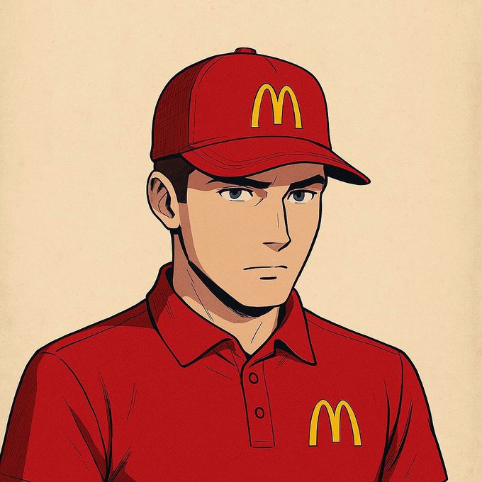 An anime-style illustration depicts a young man with a serious expression wearing a red McDonald's uniform and cap, both featuring the iconic yellow "M" logo. The image evokes the "McDonald's employee" meme, with the caption "GM (Good Morning) to those who still GM" playing on the double meaning—saluting early risers with a nod to McDonald's morning hours.