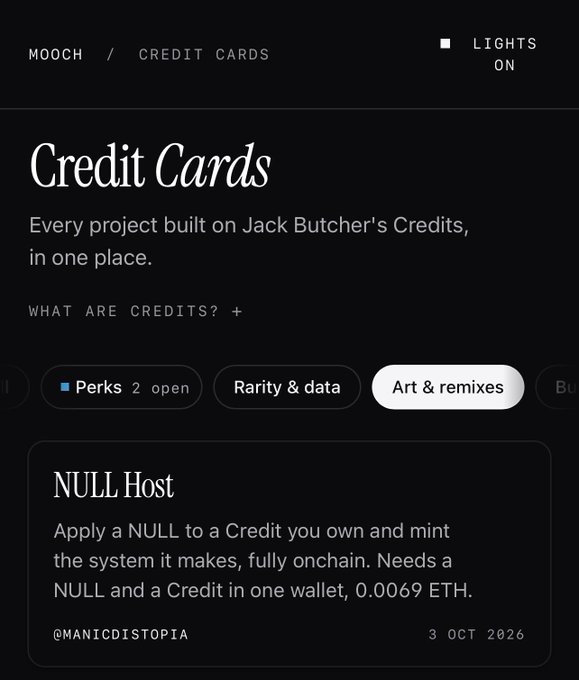 A mobile interface for 'Credit Cards' by MOOCH, showing a 'NULL Host' card with description text and a price of '0.0069 ETH' dated '3 OCT 2026'.