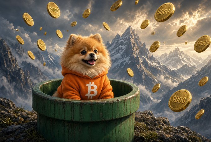 An AI-generated artwork showing a Pomeranian dog wearing an orange Bitcoin hoodie, sitting in a green warp pipe with $DOGE gold coins raining down against a mountainous background.