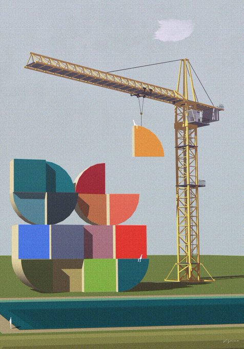 An abstract digital artwork featuring a yellow construction crane lifting a semi-circular shape over a stack of colorful geometric spheres and blocks. The image represents a digital collectible sold on the networkedbot platform, as indicated by the accompanying text.
