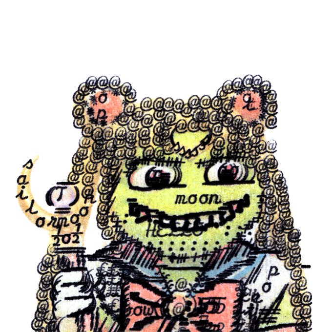 A whimsical, cartoonish illustration of a green-skinned creature with curly yellow hair, a wide toothy grin, and red ears appears against a white background, with the word "moan" written across its face.