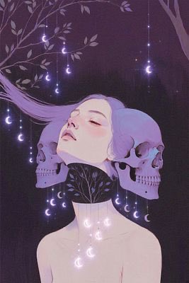 A surreal digital artwork portrays a pale woman with closed eyes and lavender hair, flanked by two skulls, wearing a black lace choker adorned with a web design, surrounded by hanging glowing moons.