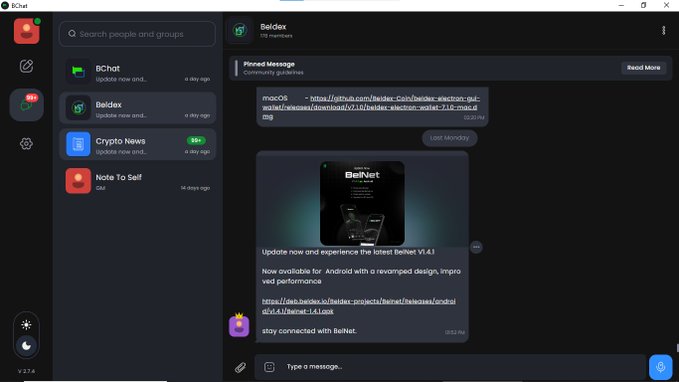 BChat messaging application interface showing chat list with conversations including Beldex, Crypto News, and Note To Self, alongside an open Beldex channel displaying pinned messages about BelNet V1.4.1 updates.