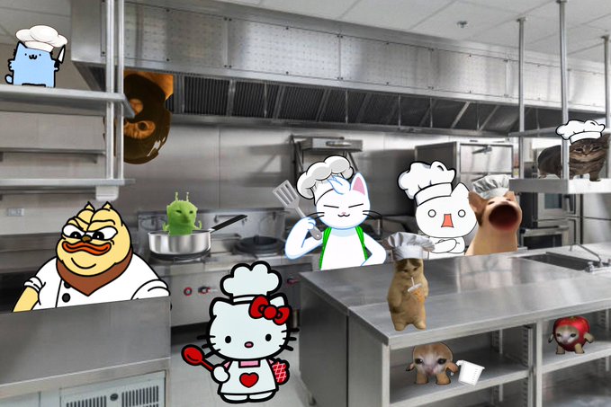 A commercial kitchen scene overlaid with various cartoon characters including Hello Kitty, chefs, and animals cooking with utensils.