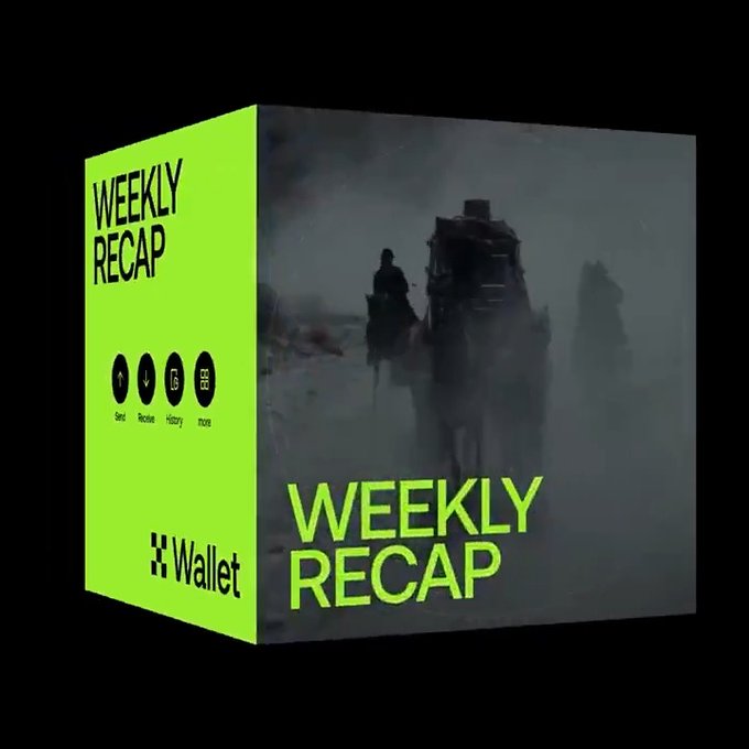 A 3D cube graphic features a lime green side panel with "WEEKLY RECAP" text and circular icons labeled "Send, Receive, History, Tools" above an "OKX Wallet" logo, while the darker side displays silhouetted figures in a misty scene with "WEEKLY RECAP" in green—visually representing the weekly roundup of wallet updates including new features like Lumora Stock Data Hub, trading competitions, and Pendle support on X Layer.