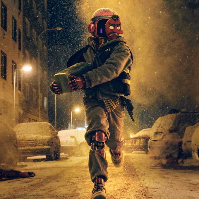 A stylized illustration of a person wearing a helmet with a cartoon face and headphones, running through a snowy, smoky urban street at night while holding a cup.