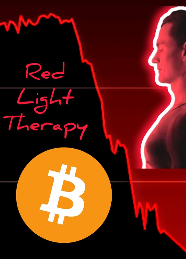 The image features a woman with her eyes closed, possibly meditating or practicing yoga. She is positioned against a red background that has a gradient effect, giving it a glowing appearance. The text "Red Light Therapy" is written above the woman's head in white letters. Below this, there is an orange Bitcoin symbol, which is often associated with cryptocurrency and digital currency.