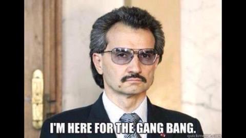 A man in a suit and sunglasses stands in a formal portrait with the caption "I'M HERE FOR THE GANG BANG" overlaid at the bottom, humorously connecting to news about Pump.fun's workforce cuts and insider token vesting schedules at the crypto launchpad.