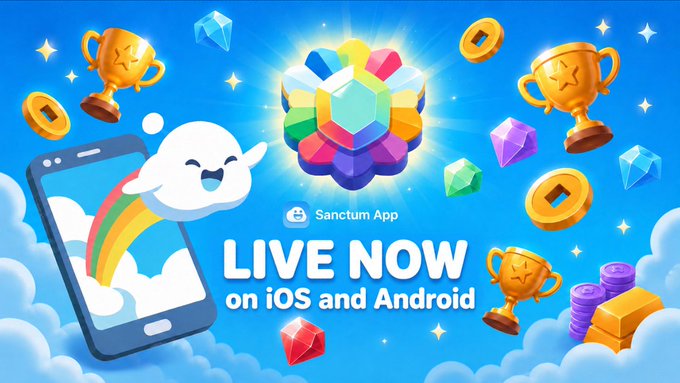 The vibrant promotional image announces "Sanctum App - LIVE NOW on iOS and Android," featuring a smiling cloud character emerging from a smartphone alongside gold trophies, gemstones, and coins against a bright blue sky. The celebratory visuals of rewards and prizes visually reinforce the post's announcement that users can now download the app immediately without a waitlist to start growing their SOL.