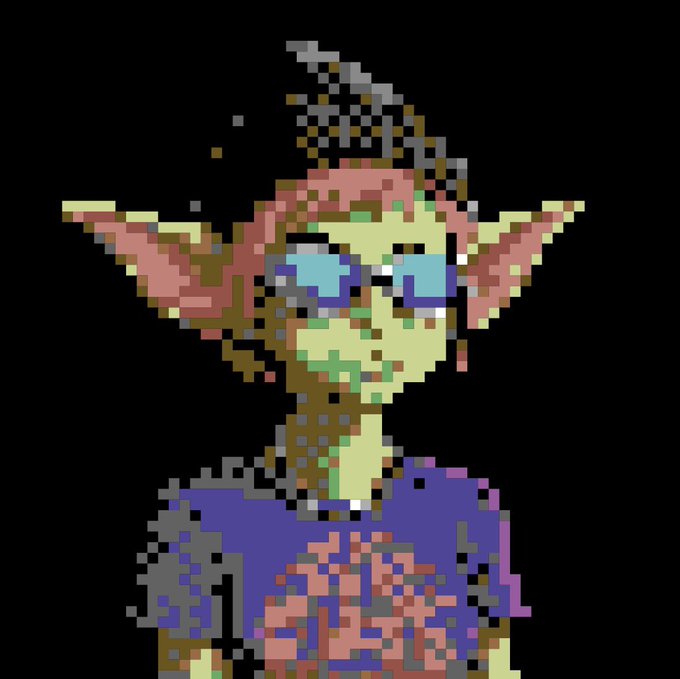 A pixel art portrait of an elf-like figure with pointed ears, blue sunglasses, and a purple shirt with exposed ribcage details.