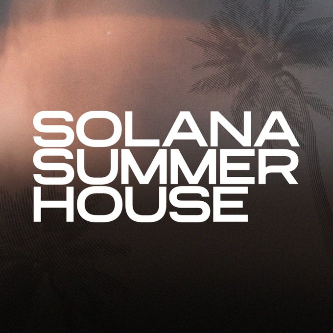 Promotional image for 'SOLANA SUMMER HOUSE' featuring bold white text over a dark background with palm tree silhouettes.