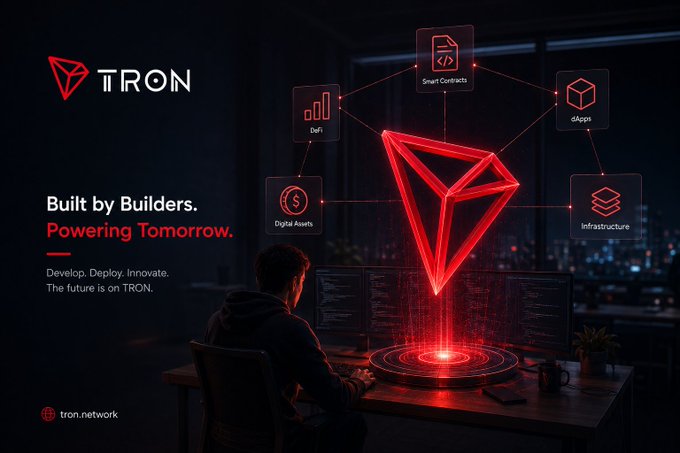 A promotional graphic for TRON blockchain featuring the tagline 'Built by Builders. Powering Tomorrow. Develop. Deploy. Innovate. The future is on TRON.' with a developer working at a computer displaying the red TRON logo.