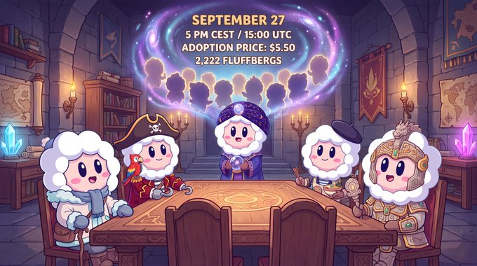 Cartoon illustration of five fluffy sheep characters dressed as pirates, knights, and warriors sitting around a wooden table, with text overlay 'SEPTEMBER 27, 5 PM CEST / 15:00 UTC, ADOPTION PRICE: $5.50, 2,222 FLUFFBERGS'.