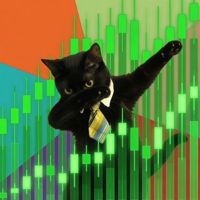 A composite image featuring a black cat wearing a white shirt and a striped tie, striking a dab pose against a background of a green candlestick chart and colorful abstract shapes.