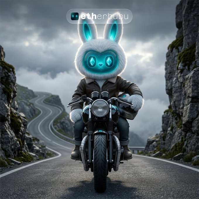 A fluffy white rabbit character with glowing cyan eyes and a leather jacket rides a motorcycle down a winding mountain road, with the text "etherbubu" displayed at the top. The image captures the adventurous racing spirit mentioned in the caption, showing Bubu geared up and ready to speed toward exciting upcoming events.