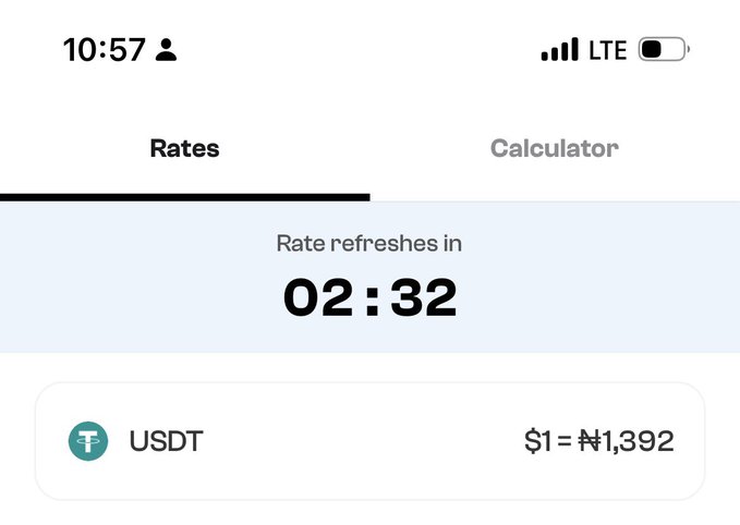 A screenshot of the Spenda app's Rates tab showing a USDT exchange rate of $1 = ₦1,392, with a refresh timer of 02:32. This supports the post's claim that the user checked Spenda's rate of ₦1,392 before making a transaction that resulted in a ₦13,000 loss.