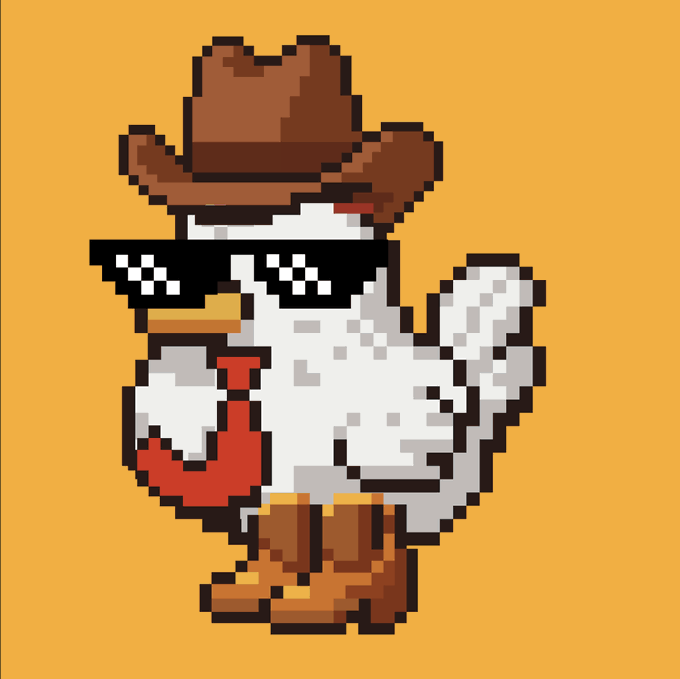 Pixel art illustration of a cool cartoon duck or bird wearing a brown cowboy hat, black pixelated sunglasses, and a red tie on an orange background.