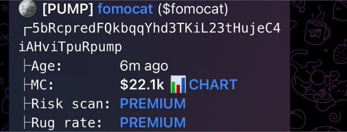 A dark-themed cryptocurrency tracking screen displays '[PUMP] fomocat ($fomocat)' with a token address, showing an age of '6m ago', market cap of '$22.1k', a 'CHART' link, and 'PREMIUM' ratings for both 'Risk scan' and 'Rug rate'.