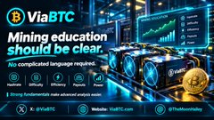 A promotional banner for ViaBTC's "Mining education should be clear" program, displaying crypto mining hardware and advanced analytics dashboards alongside social handles (@ViaBTC) and the website (viabtc.com). The image promotes crypto education from a mining platform while the post makes bold price predictions of $BTC reaching $300,000, $ETH $20,000, $SOL $1,000, $XRP $10, and $LUNC $1 within six months.