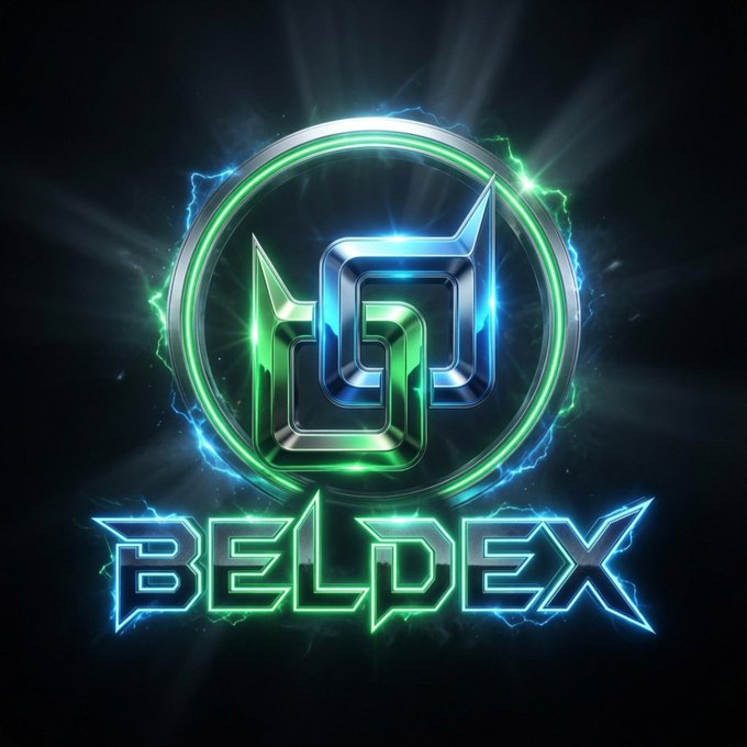 A glowing neon logo featuring stylized letters in a metallic circle with green and blue electric effects, reading 'BELDEX' below.