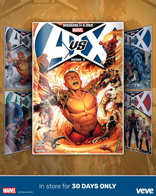 A promotional advertisement for 'Avengers vs. X-Men Round 8' Marvel comics, featuring dynamic cover art of characters, with text 'In store for 30 DAYS ONLY' and branding for 'veve' and 'MARVEL'.