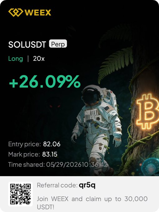 The image features a poster for an online trading platform called WeEx. The poster includes a picture of an astronaut, likely from the movie "Interstellar", walking through a forest with a tree trunk that has a neon sign attached to it. The poster also contains text about the trading platform and offers a promotional code for joining.