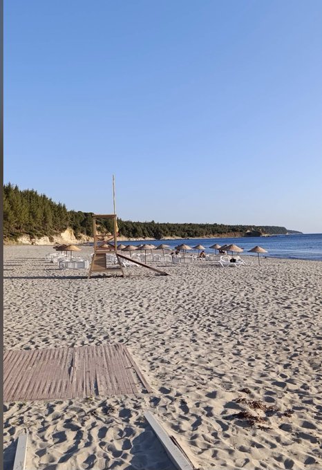 A serene beach scene at sunrise with rows of empty lounge chairs and thatched umbrellas lining the shore under a clear blue sky, greeting everyone with a peaceful good morning.