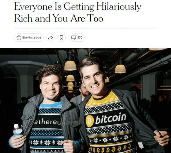 A New York Times article headline reads "Everyone Is Getting Hilariously Rich and You Are Too" with 570 comments, featuring a photo of two smiling men wearing matching holiday sweaters—one labeled "ethereum" and the other "bitcoin."