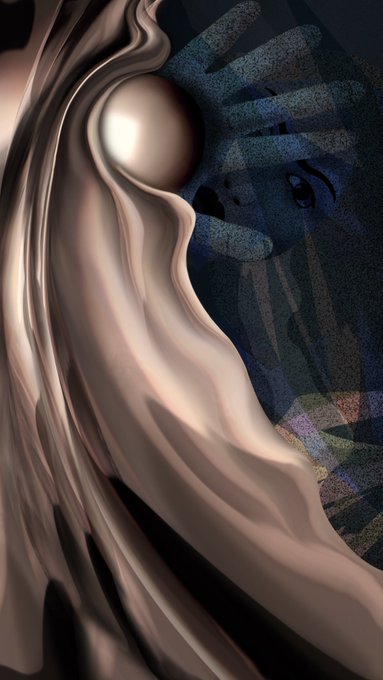 An abstract digital artwork featuring flowing metallic bronze fabric or liquid forms against a dark blue textured background.